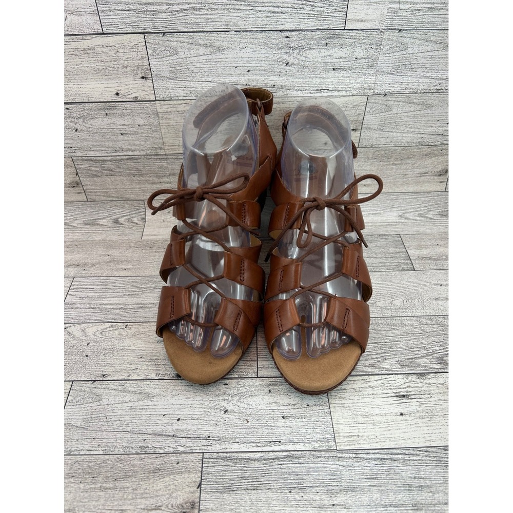 Clarks Collection Tan Brown Leather Lace Up Cork Wedge Sandals Women Sz 8M